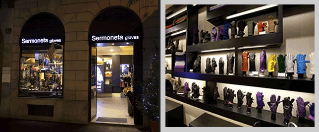 Facciate e interno del negozio Sermoneta Gloves a Mlano