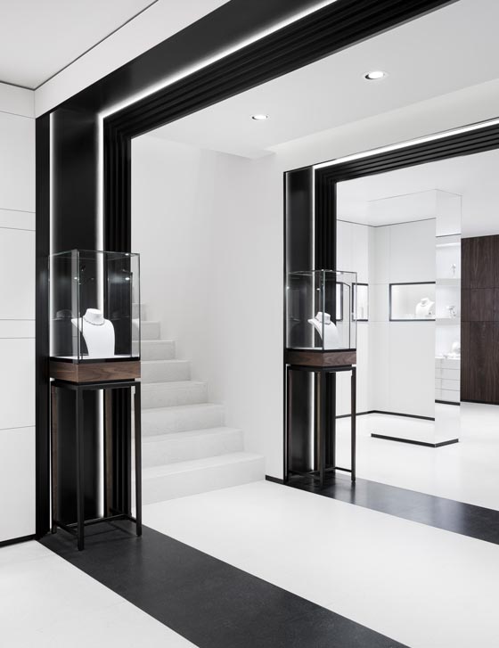 Gold and silver display cases in the Georg Jensen store on Mount Street