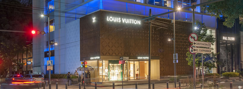 Louis Vuitton Mexico City store with illuminated geometric facade