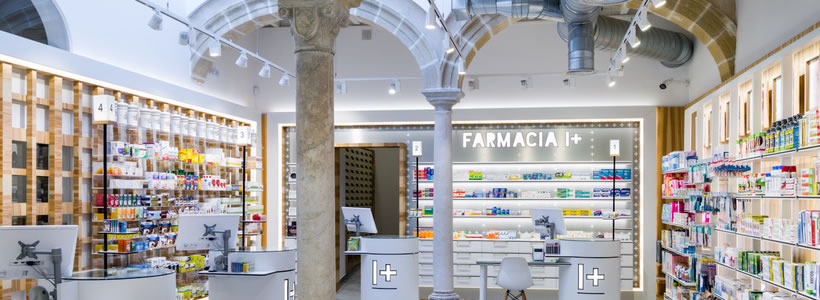 I+ Prada Pharmacy interior with historic arches and contemporary display systems