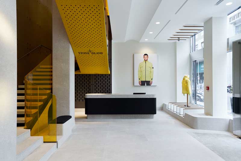 The interior of the space mimics Stone Island stores created by Marc Buhre