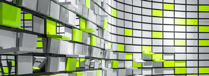 Opium Eyewear modular display system with neon green accents