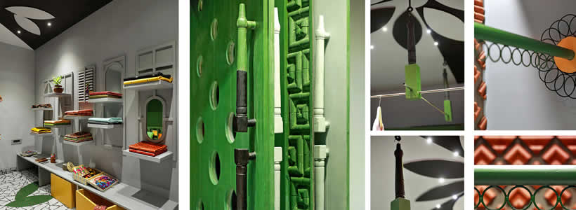 Lo Studio Manoj Patel Design ha utilizzato materiali tradizionali e di riciclo per riprogettare la boutique abbigliamento Shefali a Vadodara, Gujarat, in India