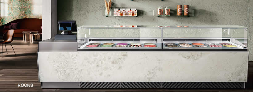 banchi e vetrine gelato disegnate da Luca Roccadadria per BRX