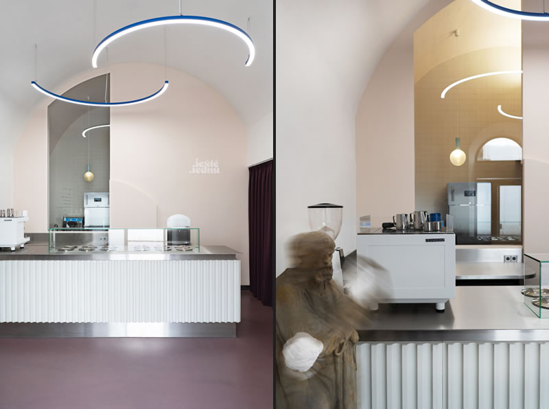 The ice cream shop designed by Holky rády architekturu is situated in the centre of Brno
