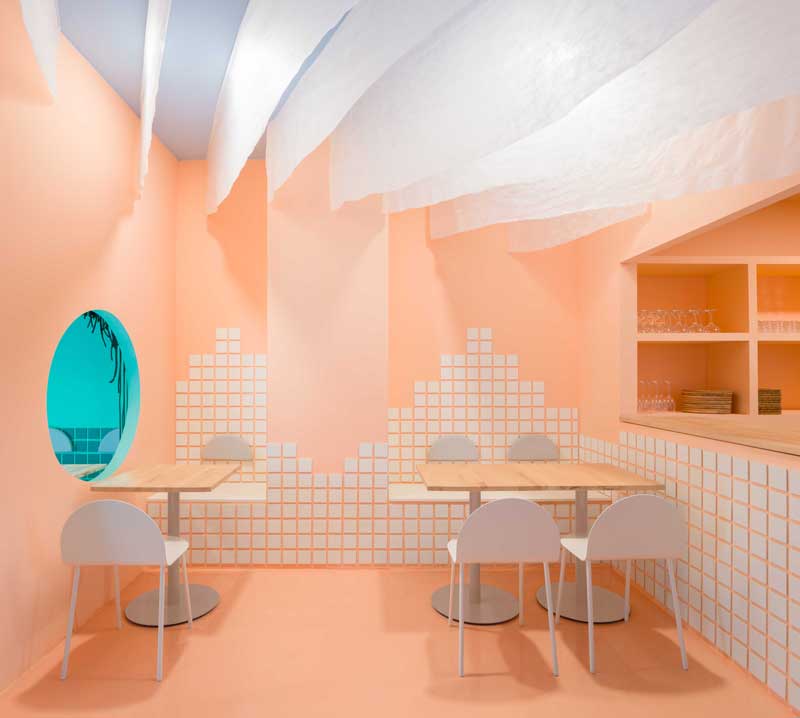 Organic forms and custom furniture inside Baovan Restaurant