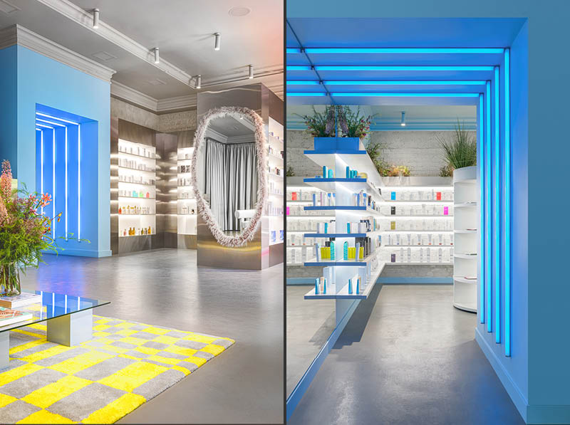 The Mila’s Beauty store interior features a playful modern layout signed by interior design practice Temp Project.