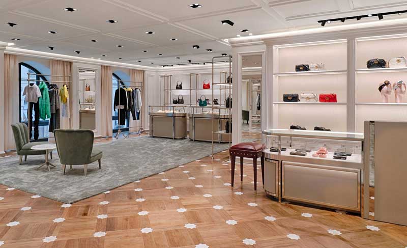 Interior view of the Gucci boutique in Munich with luxury furniture and fashion retail layout