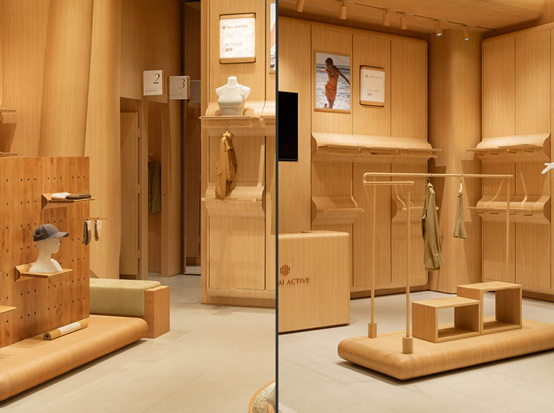 efficient modular design and delicate lighting displays to fulfill the functional requirements of the NEIWAI ACTIVE stores