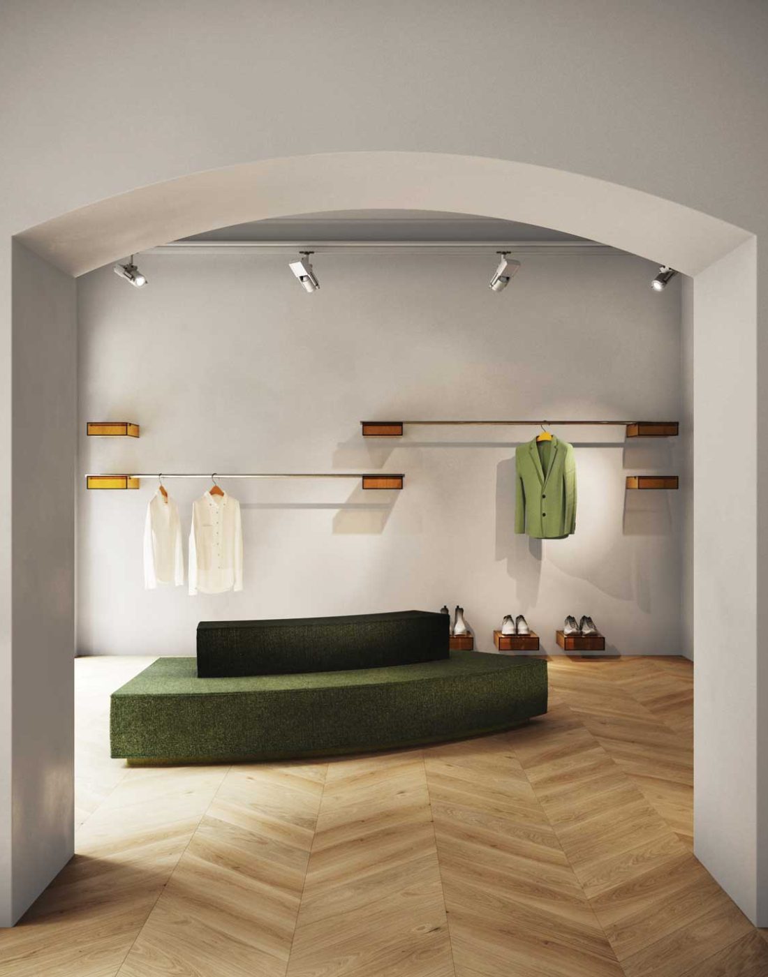 Mukha showroom, metal staircase with gradient railing