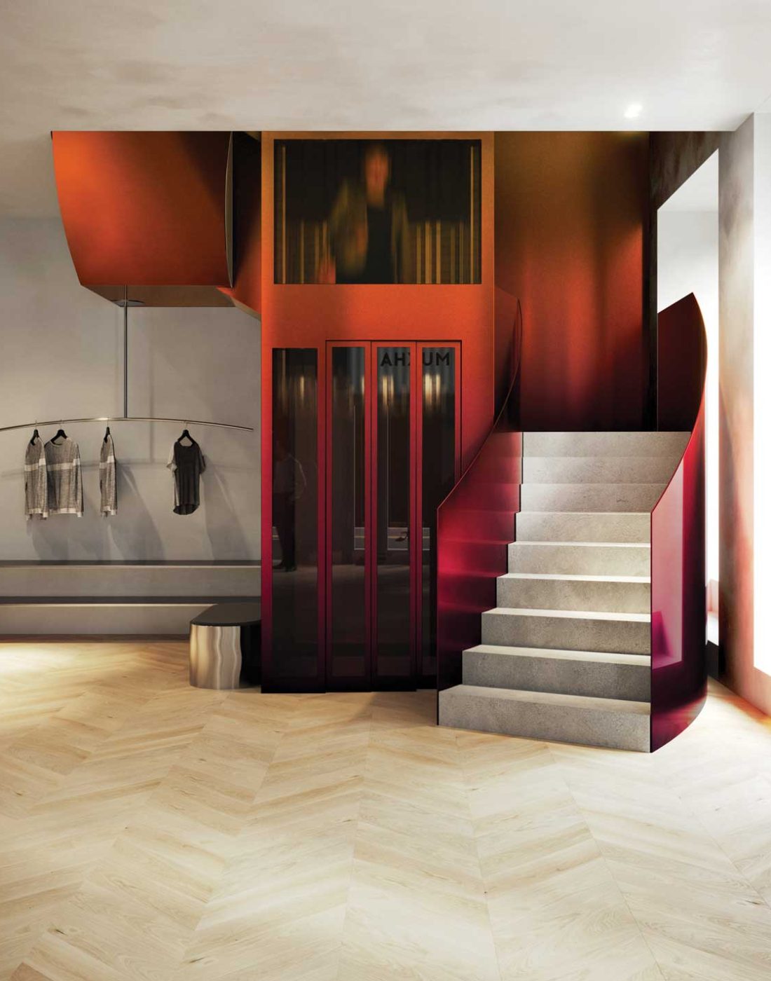 Mukha showroom, interior detail with purple and orange color palette