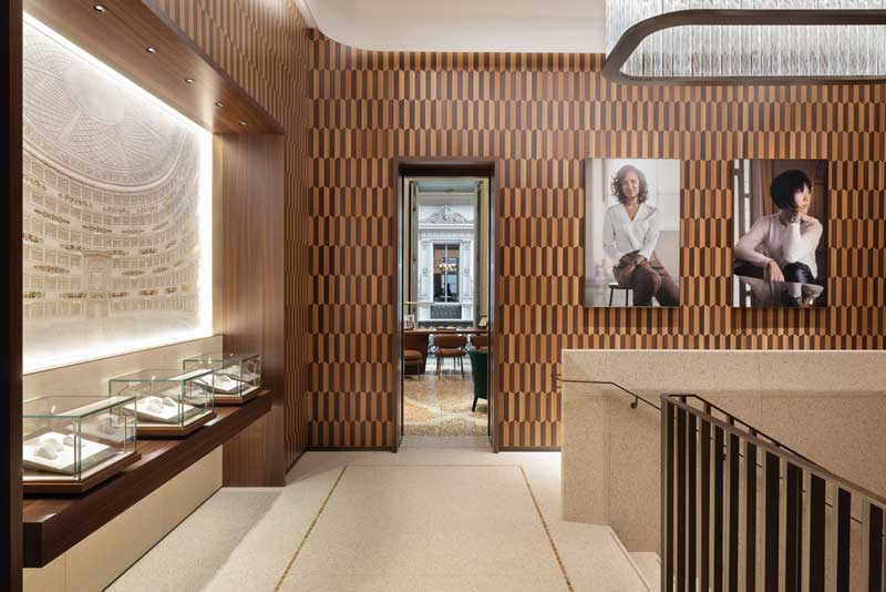 Mezzanine sales floor of the Rolex boutique in Milan inspired by a Milanese living room