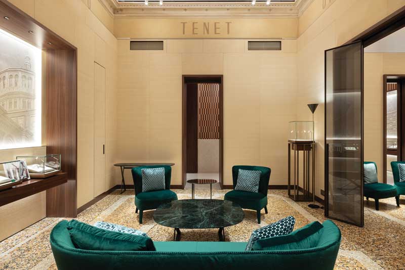 Upper floor of the Rolex boutique in Milan with restored original Venetian terrazzo flooring
