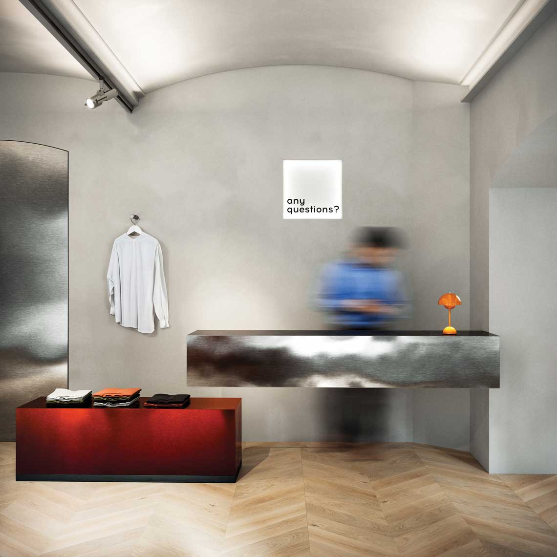 Mukha showroom, bar area with translucent glass block counter