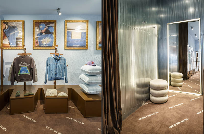Retail interior with mirrors, textiles and lighting in Nude Project Milan flagship store