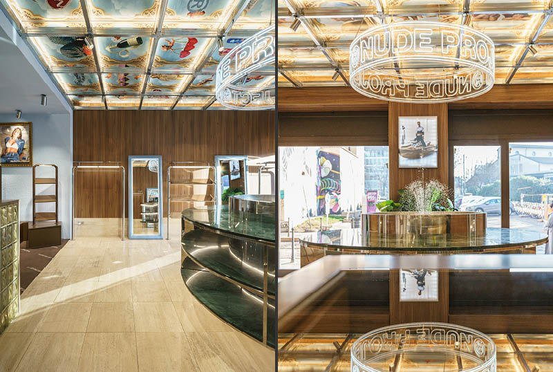 Interior of Nude Project flagship store with architectural elements inspired by Italian palaces