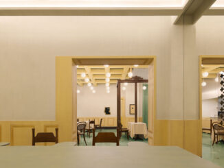 Interior dining room with pastel yellow walls, framed doorway and geometric ceiling lights inside Bitter Sweetie dessert shop in Tianjin