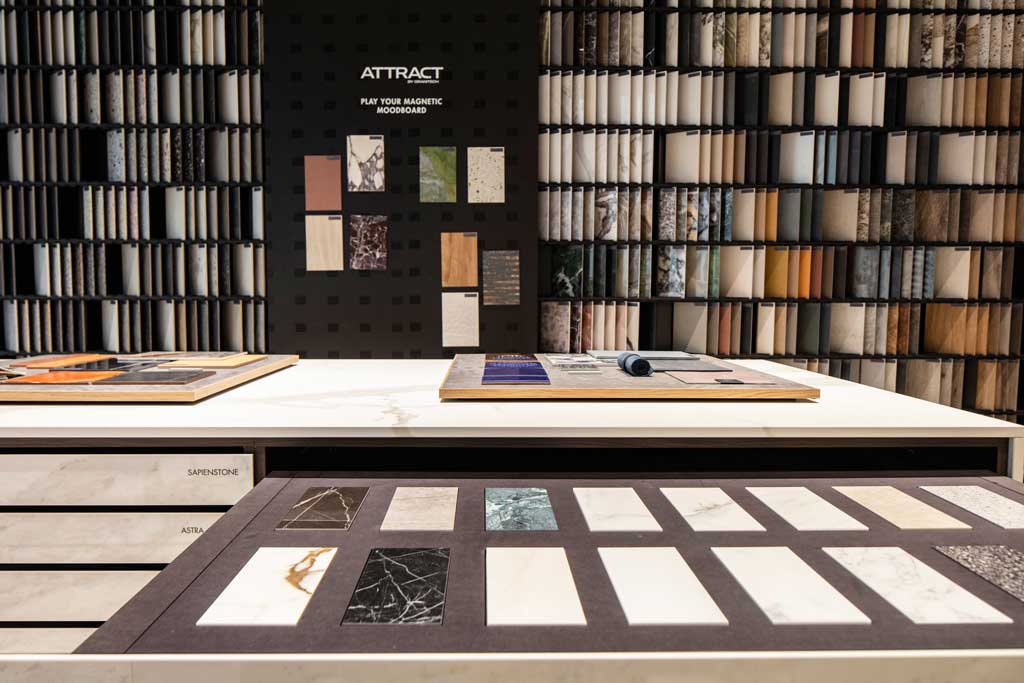 Material library at ICG Gallery Berlin with display shelves and curated finishes