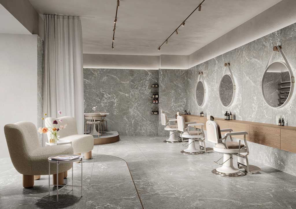 Collezione Marmora Casalgrande Padana applicazione pavimenti e pareti in gres porcellanato