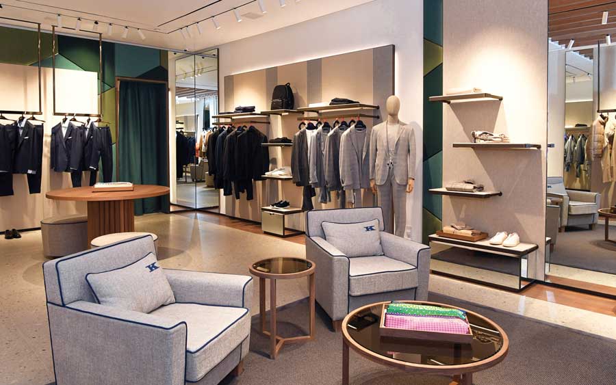 Detail of materials and bespoke furniture in Kiton Miami flagship store