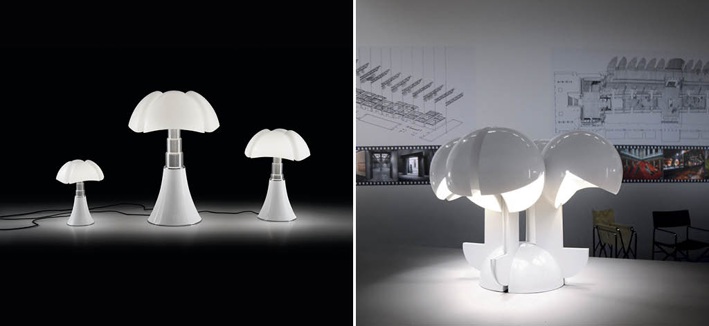 Lampade Pipistrello e Ruspa disegnate da Gae Aulenti per Martinelli Luce