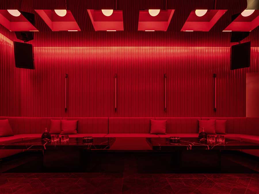 Cheung Kong Club restaurant interior with layered materials and atmospheric lighting