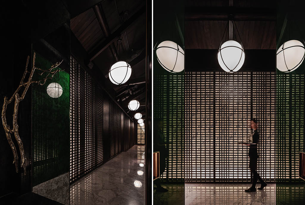 Cheung Kong Club restaurant reception space with golden materials and controlled lighting
