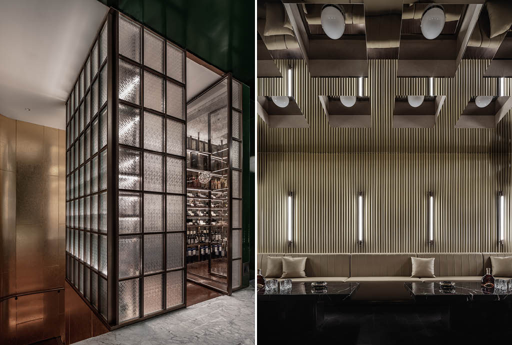 Wine cellar with stained glass, geometric grids and soft light reflections