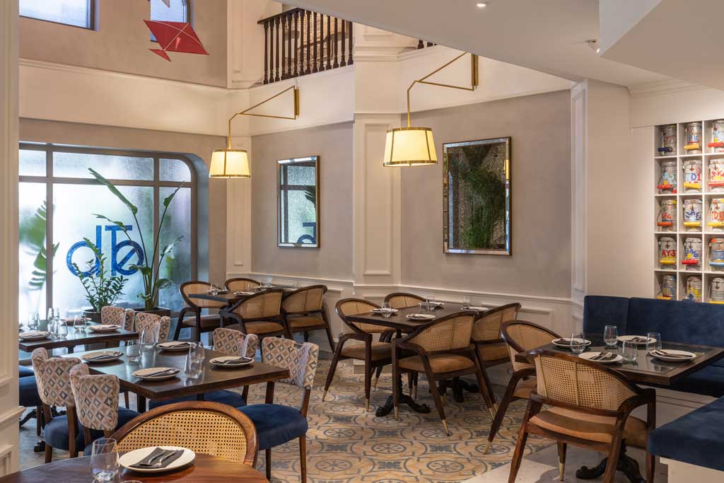 Dining area with Art Deco details at Bombay Brasserie