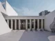 Facciata moderna di un concept store con colonne minimaliste, dettagli geometrici e un design essenziale che combina elementi architettonici contemporanei e tradizionali