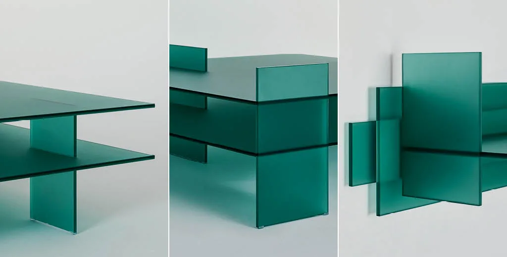 mensole, consolle e tavoli bassi, interamente realizzati in uno speciale cristallo verde acidato bifacciale