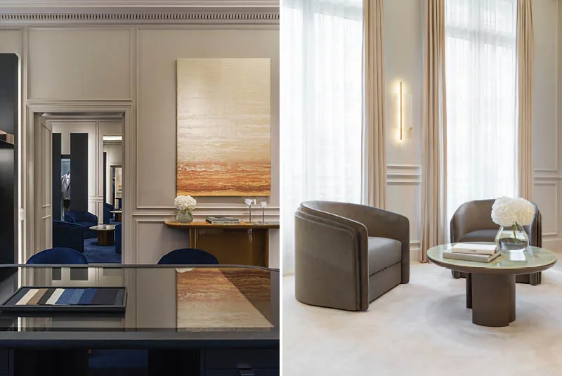 La sala sartoria si distingue per un ampio tavolo da toeletta dotato di schermo digitale integrato, che porta il concetto di personalizzazione a un livello superiore, coniugando tradizione e innovazione.