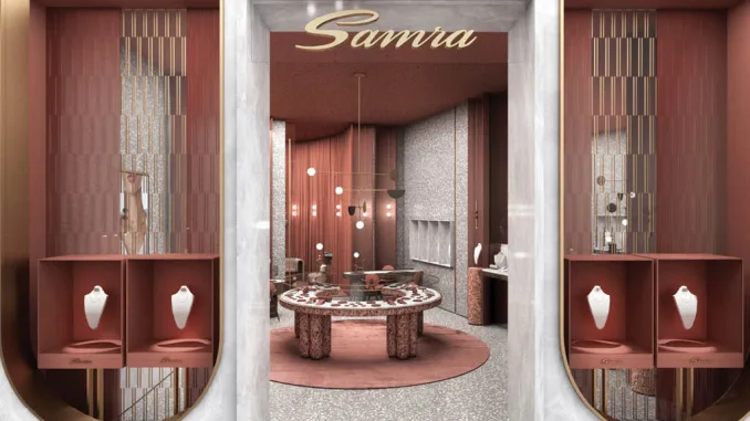 Vetrina e ingresso della gioielleria Samra a Dubai, con espositori eleganti, illuminazione soffusa e materiali pregiati come marmo e ottone satinato