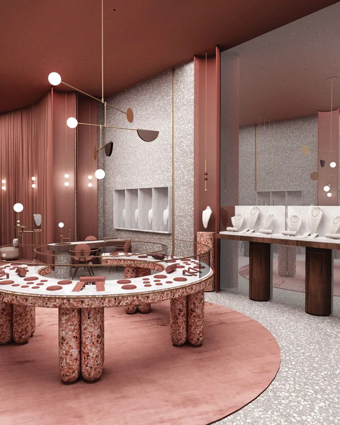 Central space of a luxury jewelry store featuring a circular display table covered in pink terrazzo, scenic lighting, and light marble walls, creating a sophisticated and welcoming atmosphere