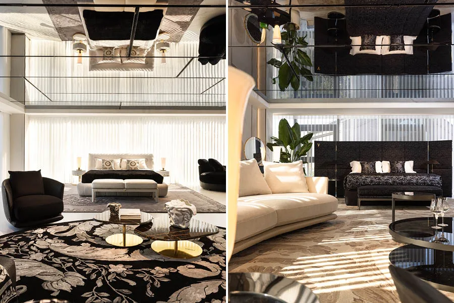 Interiors of the Versace Home flagship store in Qianjiang Century City, Hangzhou. Luxuriously furnished bedrooms featuring elegant sofas, decorative rugs, and a mirrored ceiling that enhances the brightness of the space