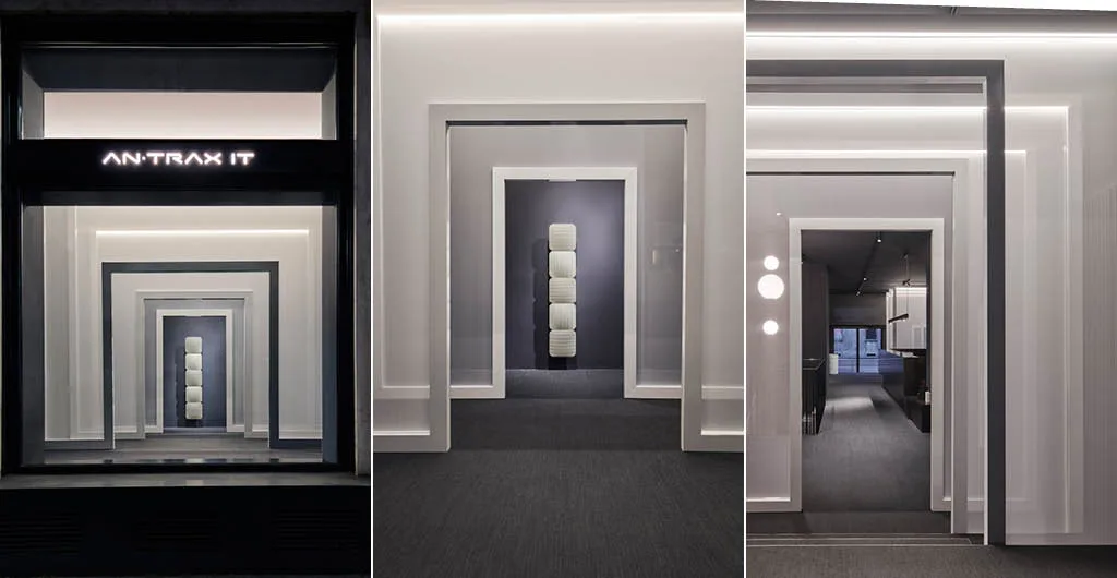 Installazione Light Frame di Victor Vasilev per Antrax IT nello showroom di Milano durante la Design Week 2025, con portali luminosi e termoarredi esposti
