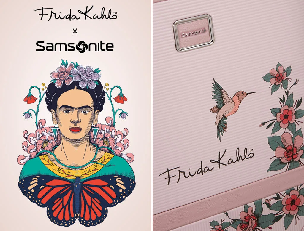 Dettaglio grafico della collezione Frida Kahlo x Samsonite: illustrazione floreale, colibrì e firma dell’artista su valigia rosa pastello.
