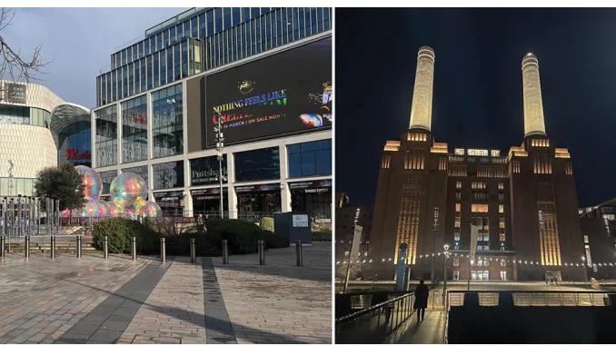 Esterno del Westfield London con installazioni artistiche e Battersea Power Station illuminata di notte a Londra
