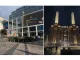 Esterno del Westfield London con installazioni artistiche e Battersea Power Station illuminata di notte a Londra