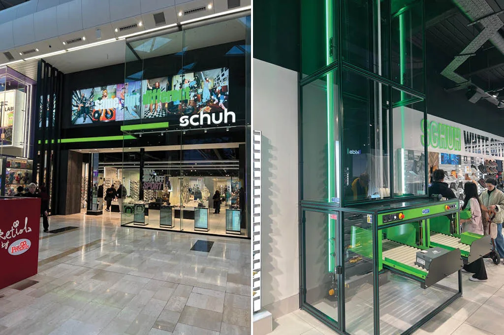 Ingresso del negozio Schuh a Westfield London con vetrina digitale interattiva e Sistema automatizzato per il ritiro scarpe