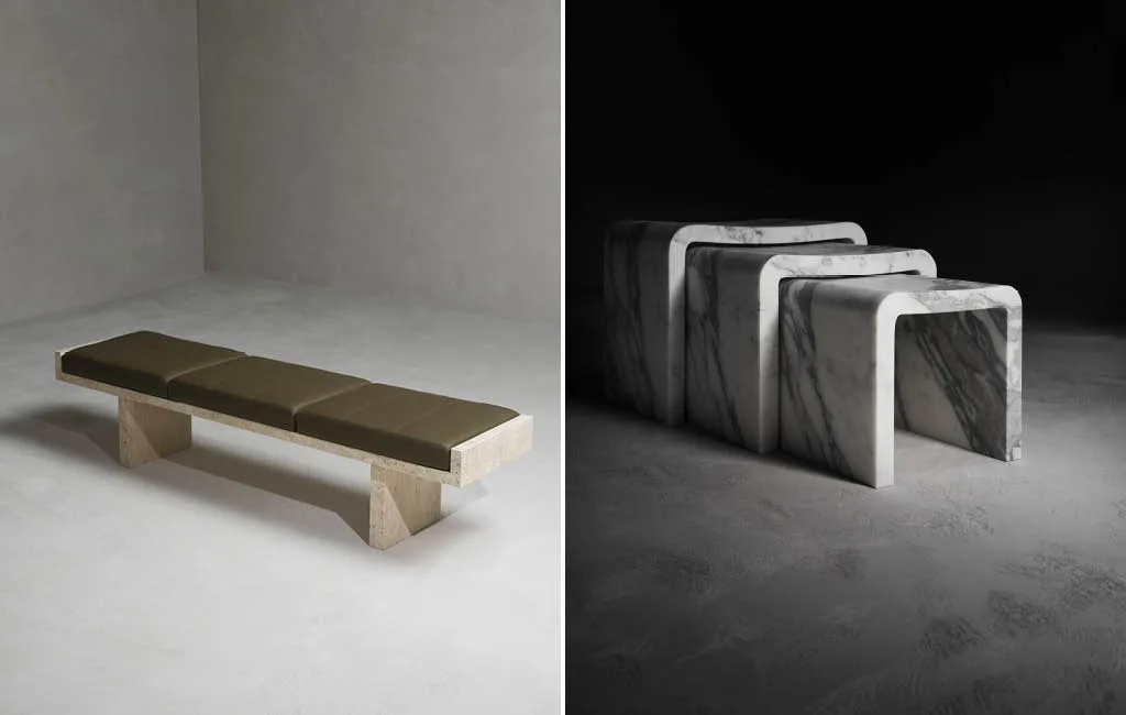 Sedute in marmo di design Kreoo: panca Ever e moduli Stars in Calacatta