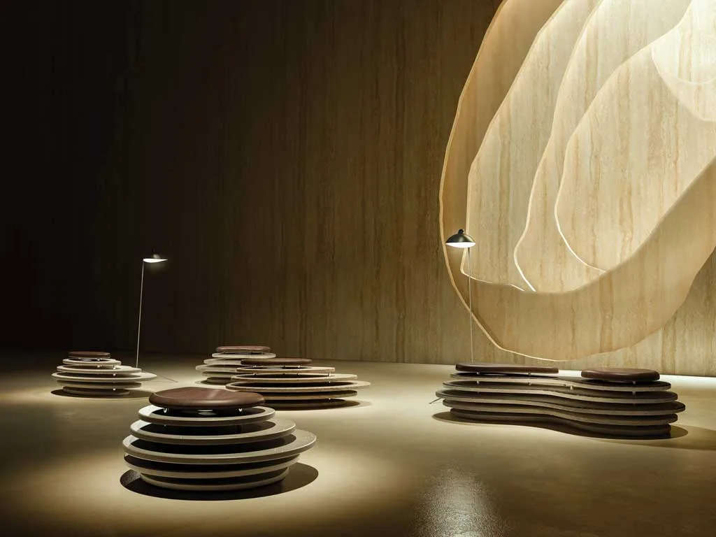 Sistema di sedute in marmo di design Oasi by Kreoo con struttura organica e giochi di luce
