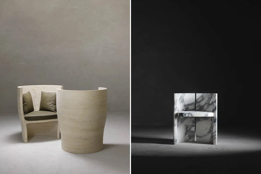 Poltrone in marmo di design Kreoo: modelli Holly e Sterling in Travertino e Calacatta