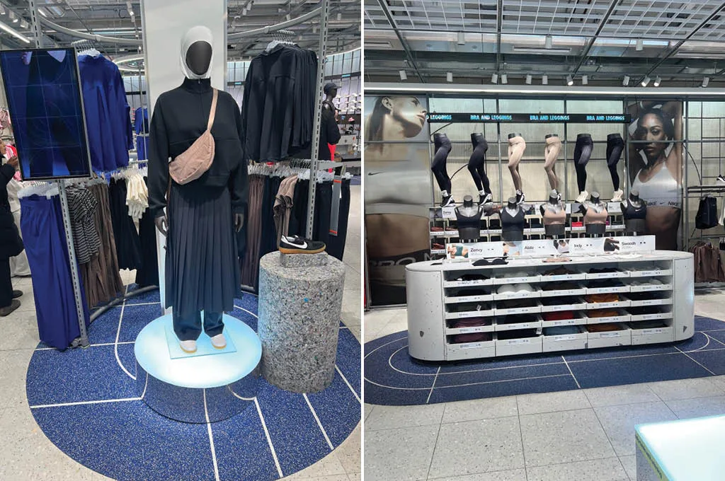 Allestimento di moda sportiva femminile con manichino in hijab e esposizione organizzata di leggings e top sportivi nel negozio Nike a Londra