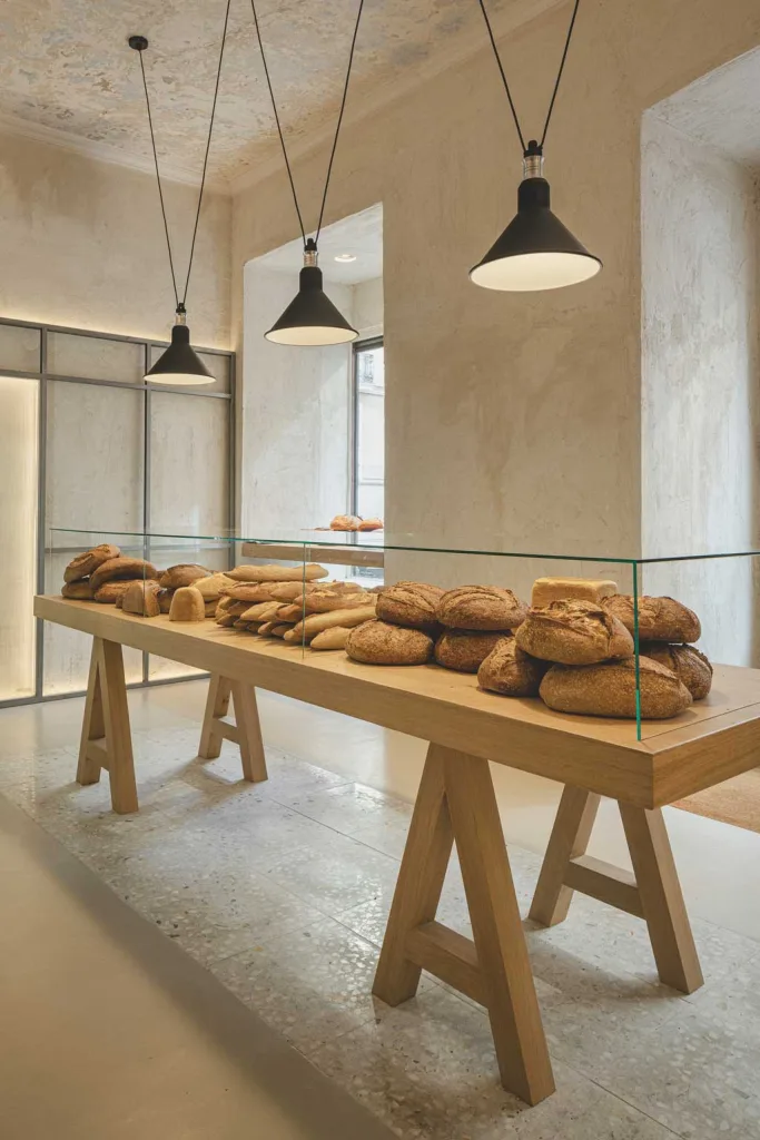 Wooden display table with artisanal bread at Babette Bakery on Calle Orellana in Madrid, an example of industrial-style interior design for bakeries.