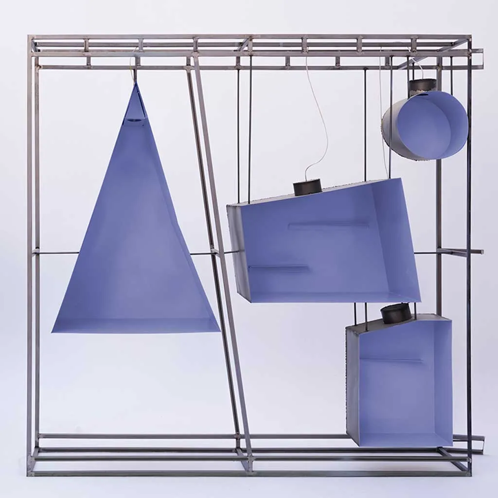 Detail of suspended blue metal display modules in the Fosca immersive design pop-up.