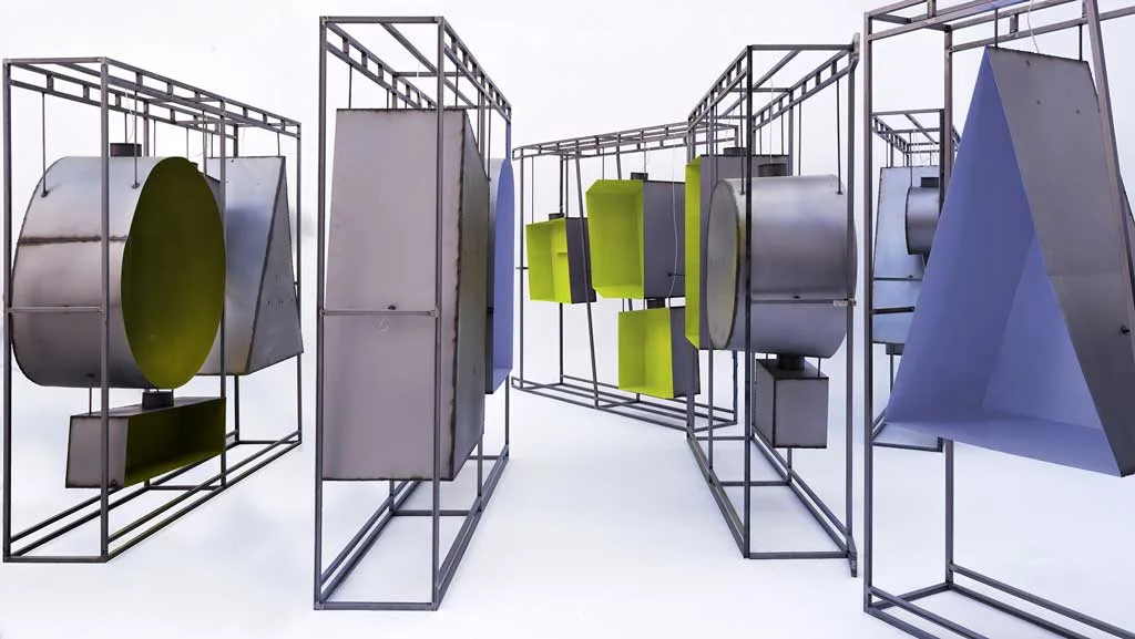 Perspective view of the Fosca modular structures with suspended colored metal niches for immersive design pop-up installations.