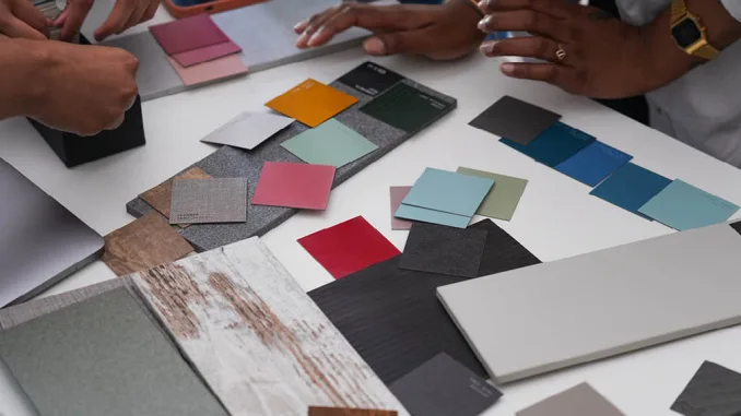 Campioni di materiali e colori durante un workshop di formazione design al Politecnico di Milano con POLI.design