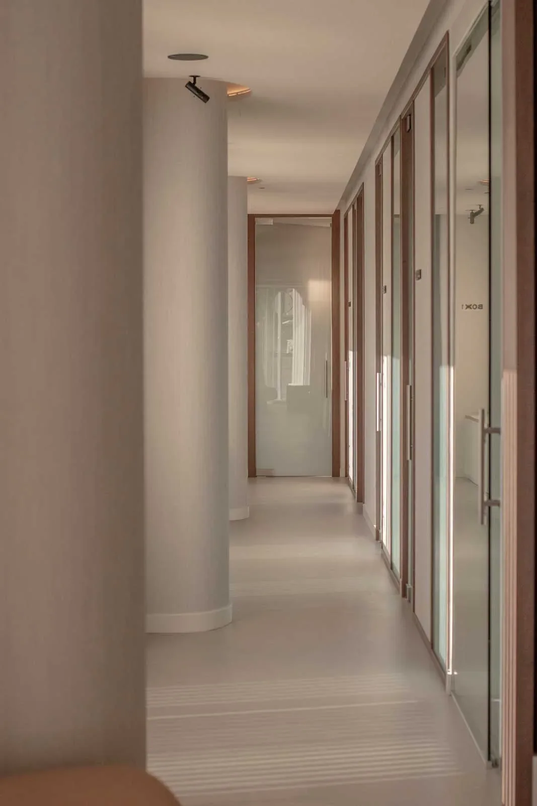 Corridoio con pareti vetrate e luce naturale nello studio dentistico Baca a Malaga