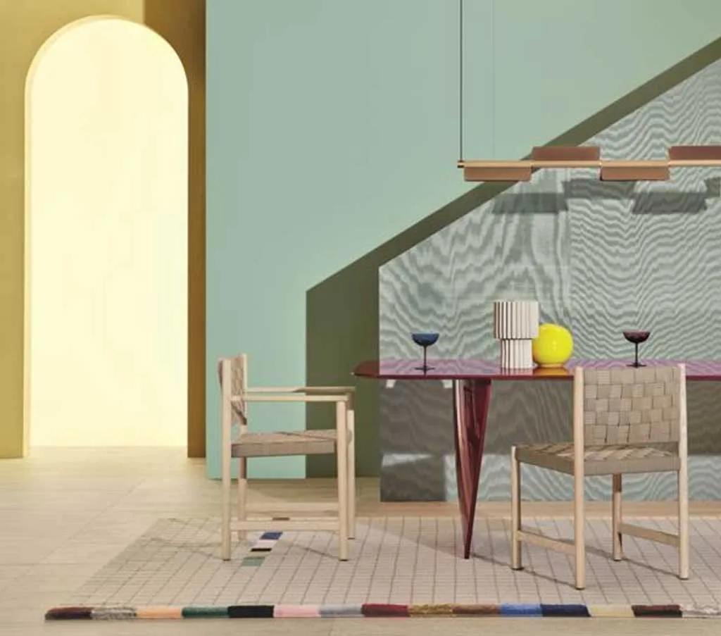 Lampade modulari di design Kawara per Pedrali in ambientazione geometrica con arredi contemporanei